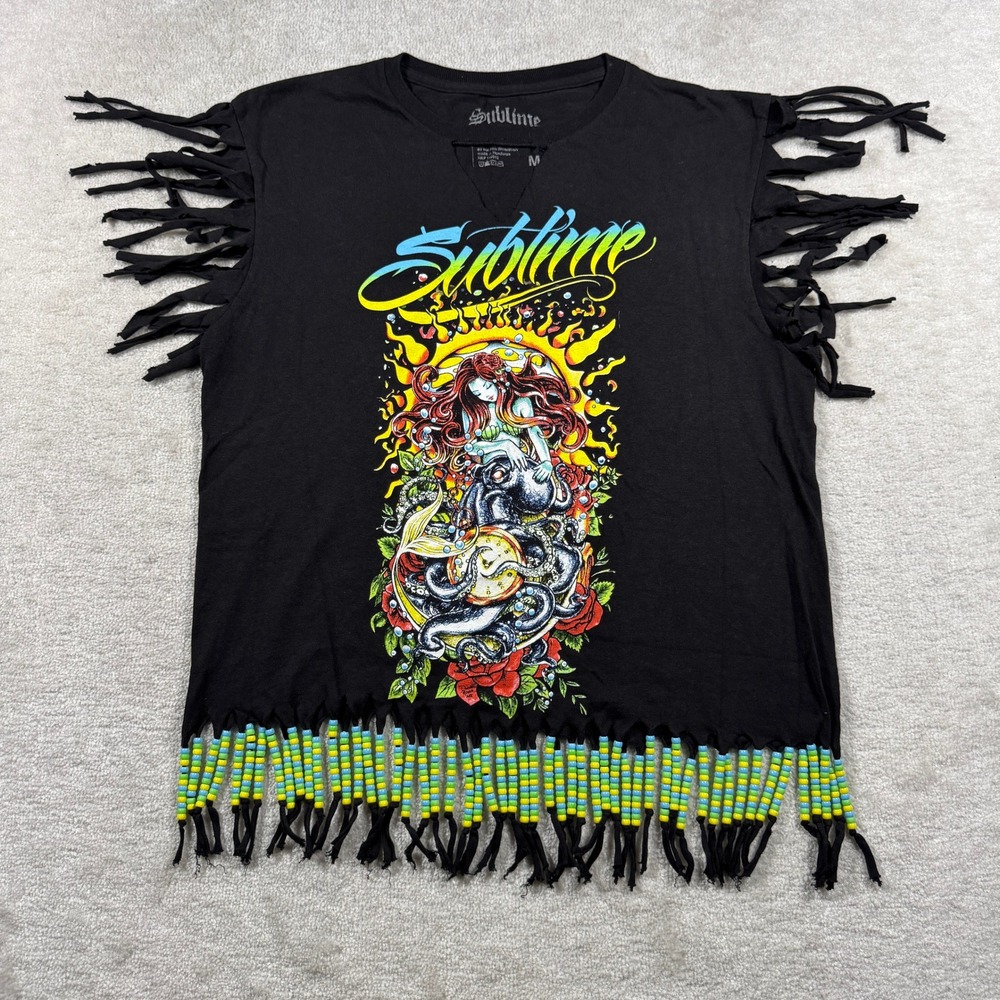 Sublime Graphic Tee Womens M Black Beaded Fringe Sleeveless Mermaid Band Shirt